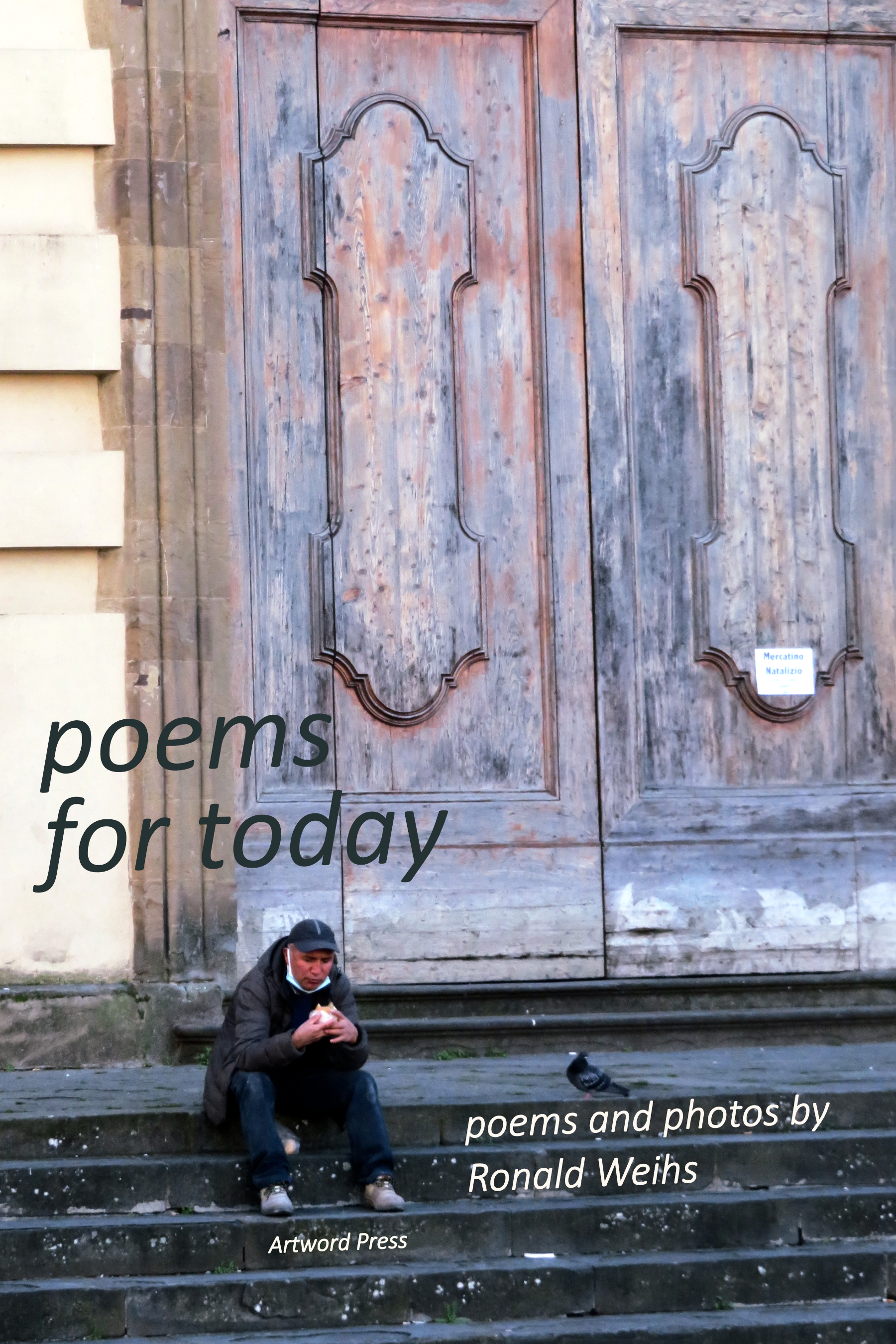 Front cover of Poems for Today, showing a workman eating a sandwich in front of a the huge doors of a cathedral.